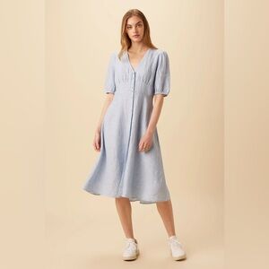 Amour Vert midi Linen Sundress Striped puff sleeve